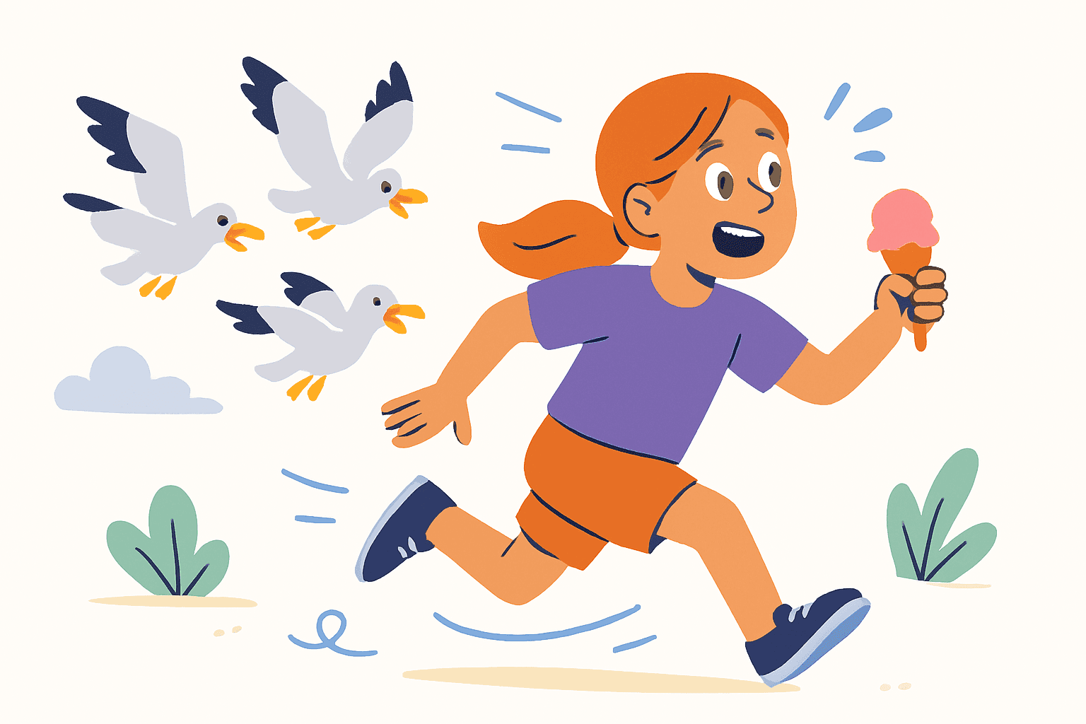 girl running from seagulls illustration