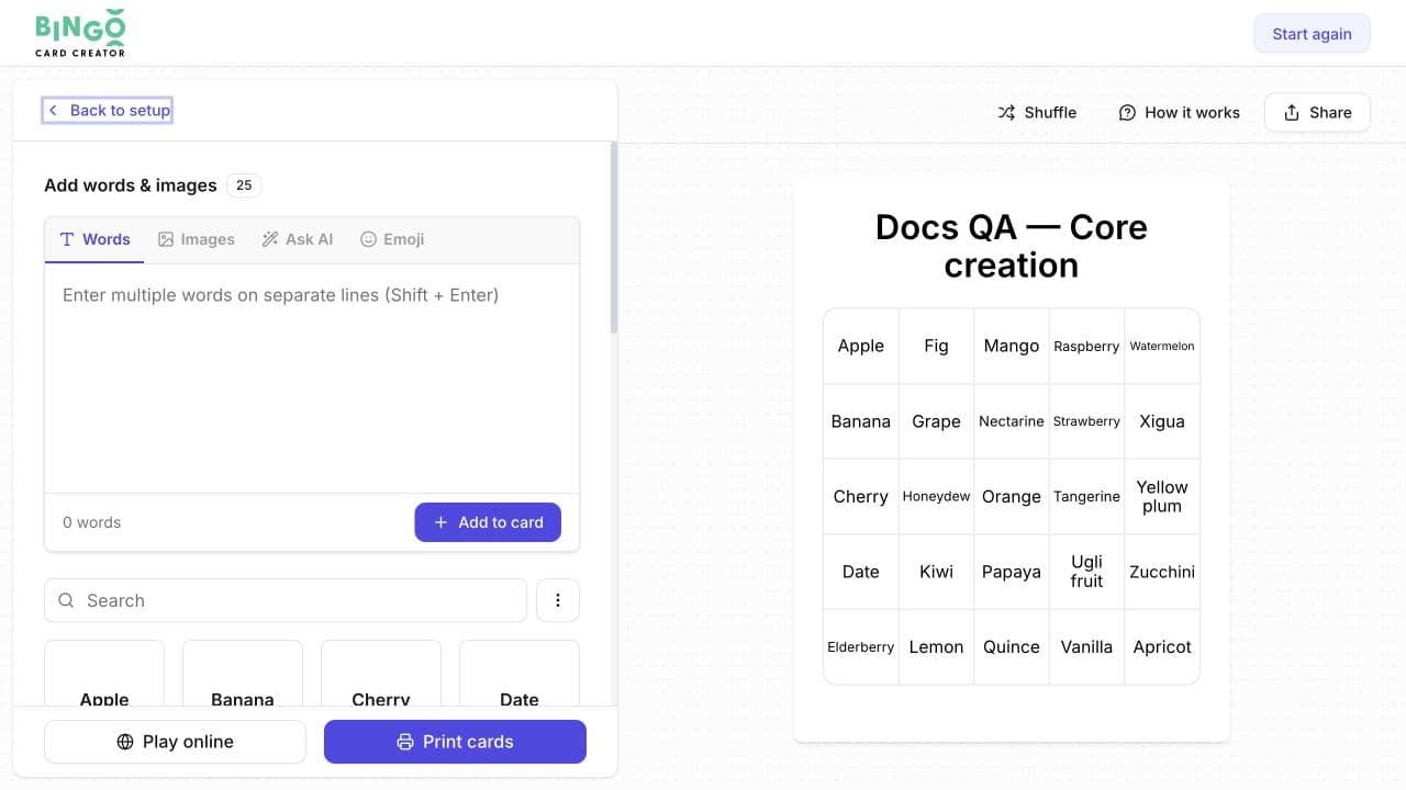 Add items panel with Words, Images, Ask AI, and Emoji tabs.