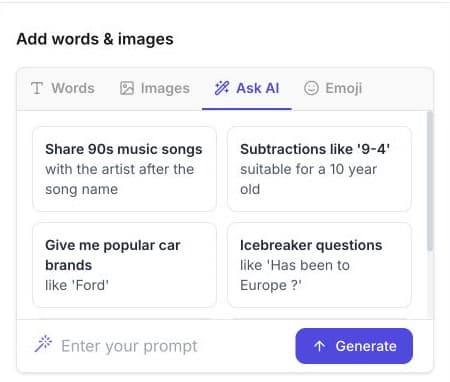 Ask AI panel with example prompts, a prompt field, and the Generate action.