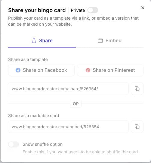 Share dialog with template and markable-card links, an Embed tab, privacy status, and the optional shuffle control.