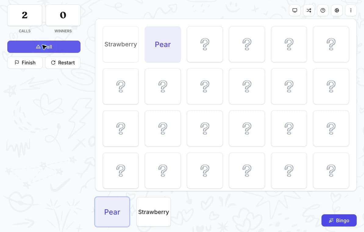 Card-linked caller after two manual calls, with Call, Finish, Restart, history, and Bingo controls.