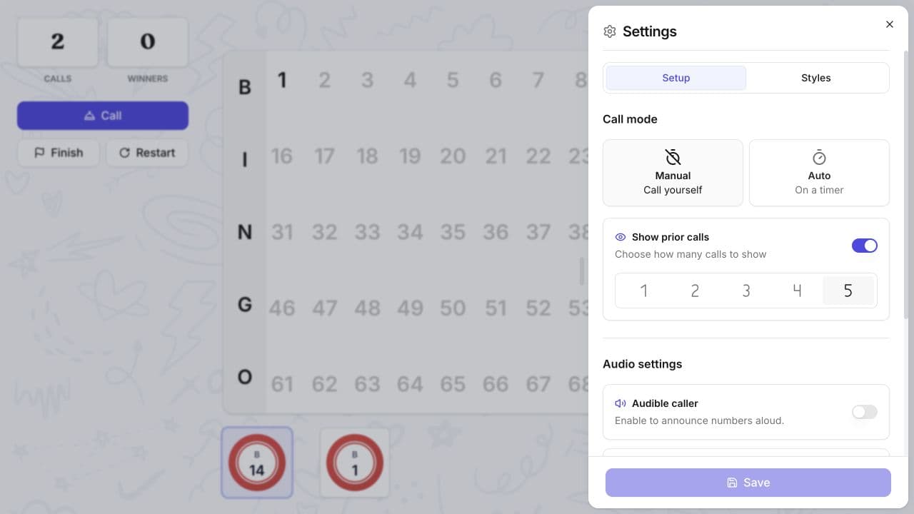 Caller Setup settings with Manual and Auto modes, prior-call count, and audible caller controls.