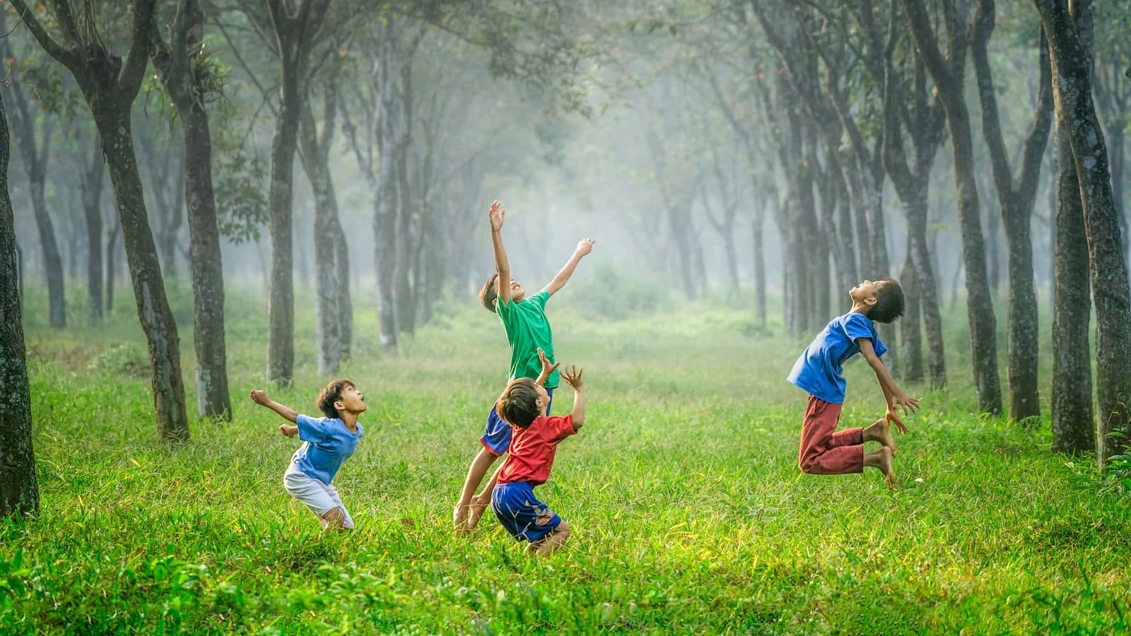 four boy playing ball on green grass